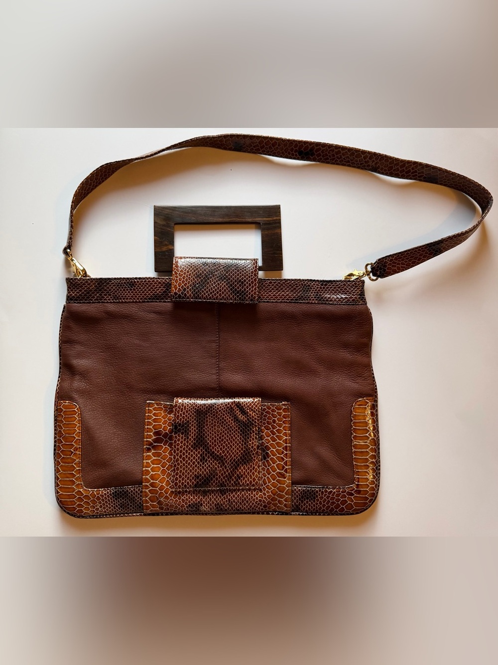 Zina Eva Snakeskin Leather Tote With Wooden Handle
